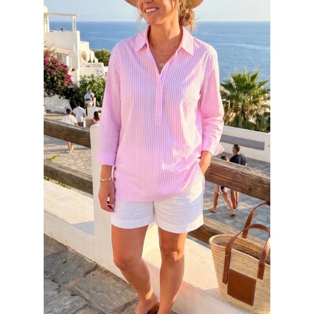Talbots Tunic Top Womens 22W Pink Striped Non Iron Popover Button Side Coastal